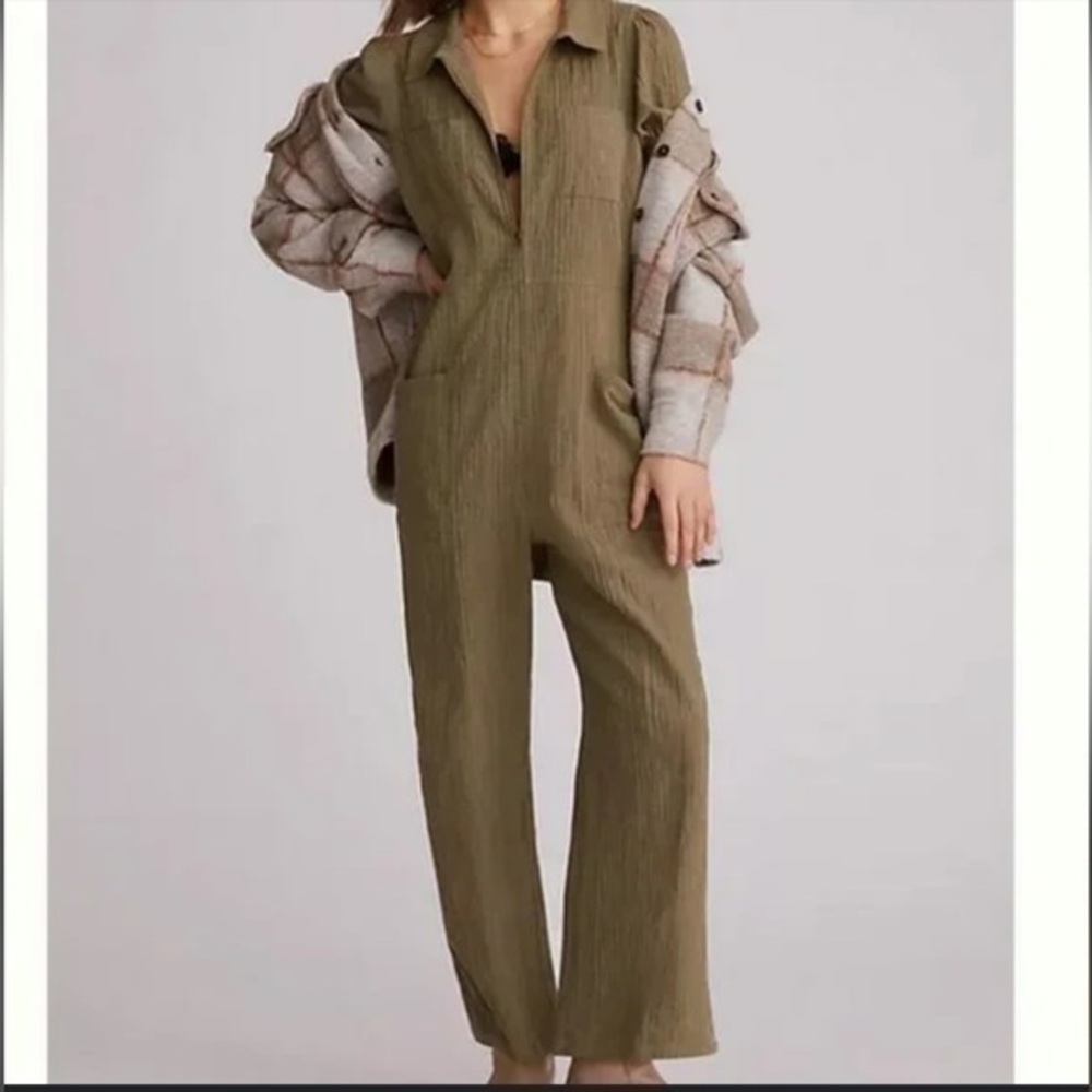 ▶️ The Odells x Anthropologie ◀️ Army Green Textured Utility Jumpsuit Size 6 - Picture 1 of 17